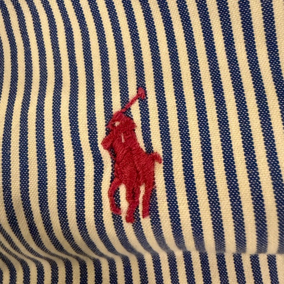Ralph Lauren Navy and Cream Striped Polo Shirt with Iconic Horse logo - Picture 3 of 5